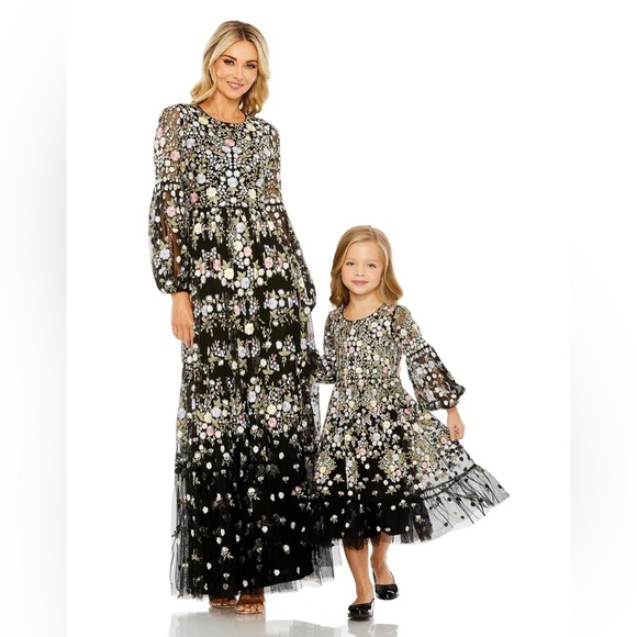 Mac Duggal High Neck Floral Embroidered Long Puff Sleeve Dress - 4 - Picture 5 of 5